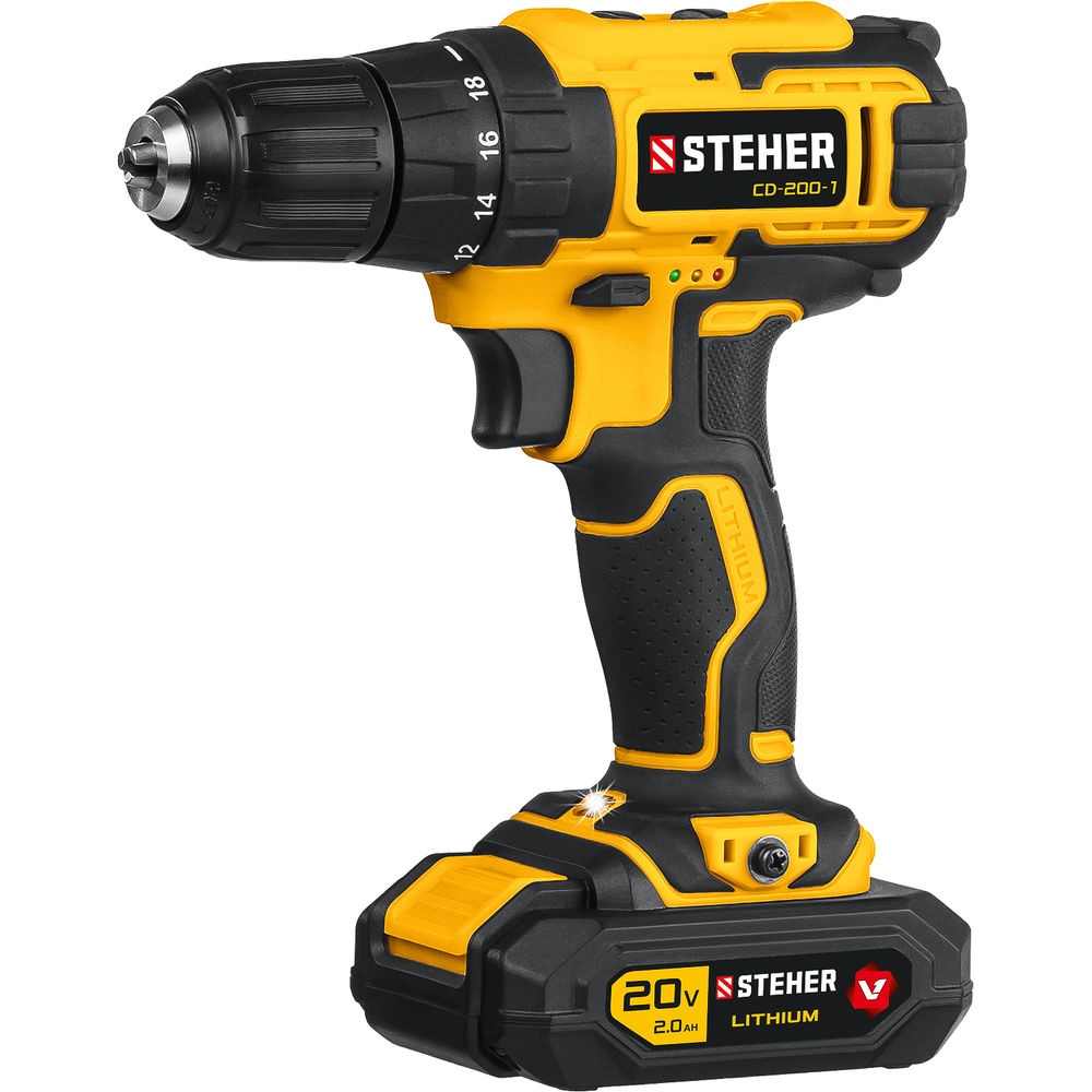Дрель-шуруповерт 20 В, 40 Н·м, 1 АКБ (2 А·ч), кейс V1 STEHER CD-200-1