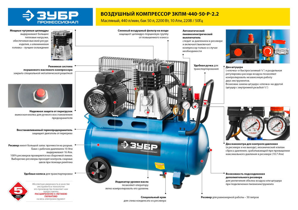 Компрессор масляный ременной 440 л/мин, 50 л, 2200 Вт ЗУБР Профессионал ЗКПМ-440-50-Р-2.2