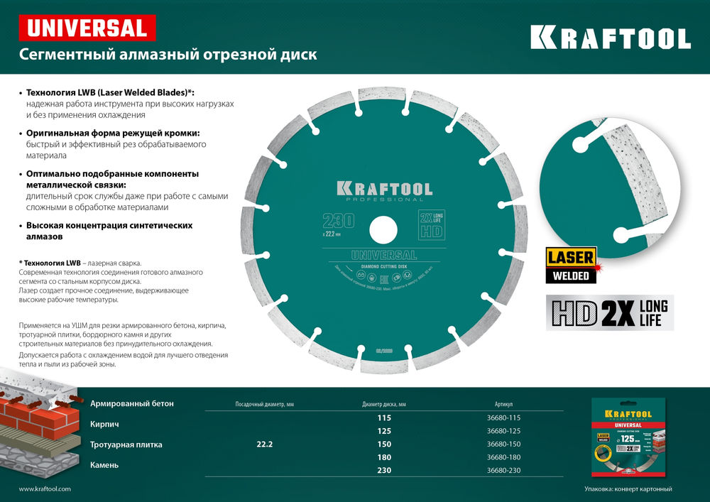 Алмазный диск LASER-UNIVERSAL, 115 мм (22.2 мм, 10?2.2 мм) KRAFTOOL 36680-115