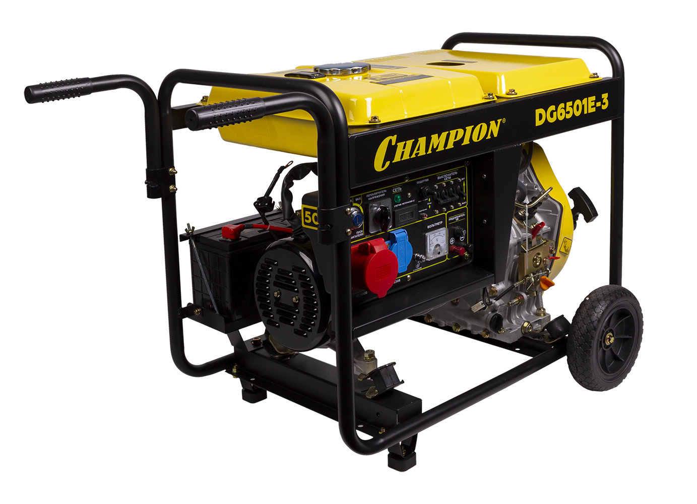 Генератор диз. CHAMPION DG6501E-3 (400В 6,2/6,8кВА 8,9лс 12,5л 12V 103кг,эл.стартер,колеса,счетчик) (DG6501E-3)