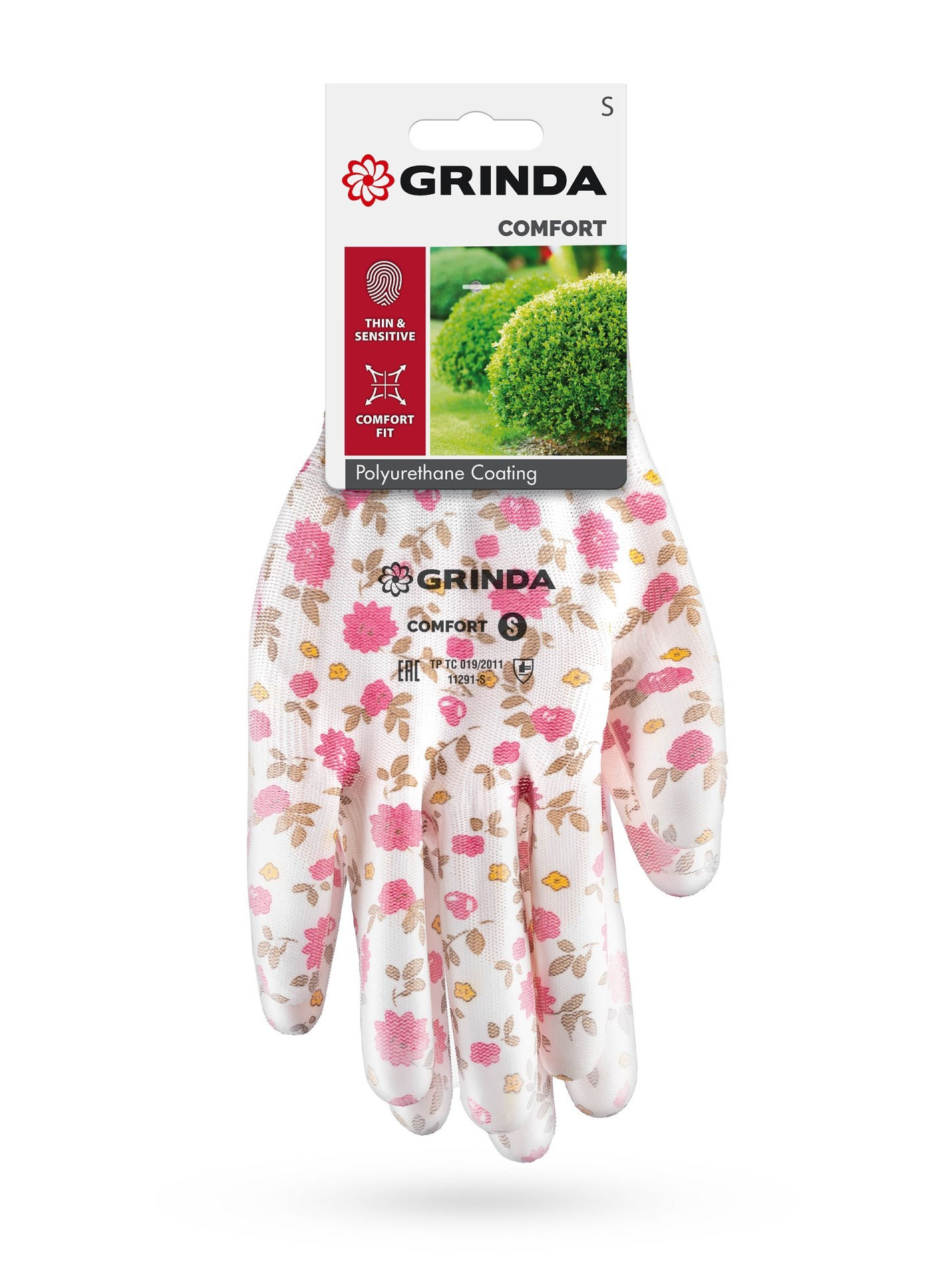 GRINDA COMFORT, S (7), садовые перчатки с прозрачным полиуретановым покрытием, розовые, 13 класс (11291-S_z01)