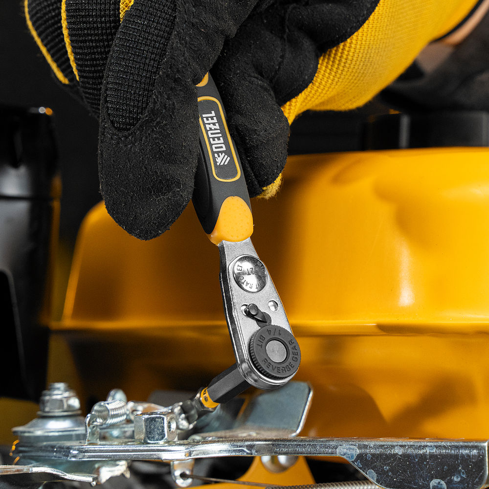 Ключ-трещотка для бит 1/4, 52 зуба, CrMo, адаптер для торцевых головок Denzel