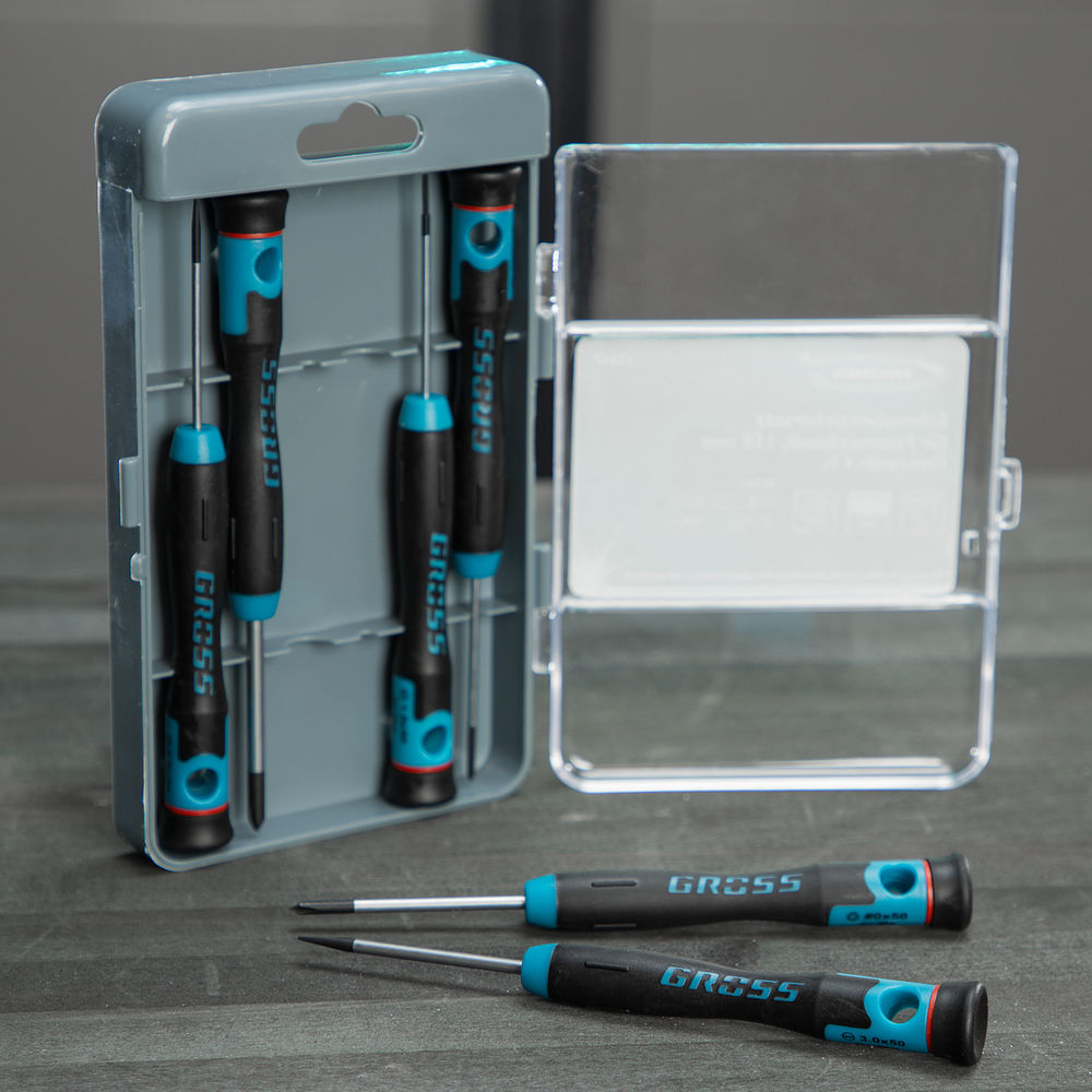 Набор отверток для точной механики, CrMo, двухкомпонентные рукоятки, 6 шт, пластиковый бокс Gross (13347)