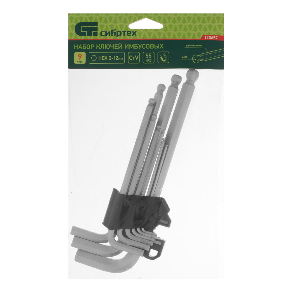 Набор ключей имбусовых, HEX, 2-12 мм, CrV, 9 шт., удлиненные, с шаром Сибртех