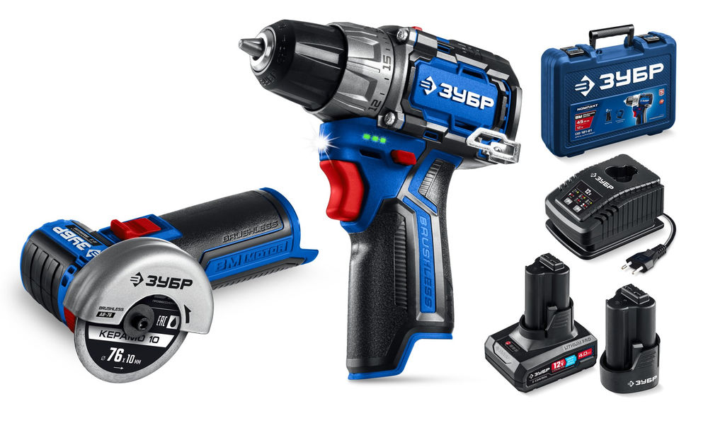 Набор: дрель-шуруповерт + мини УШМ 12 В 45 Н·м 2 АКБ тип Т7 4 и 2 А·ч BRUSHLESS кейс Профессионал ЗУБР КОМПАКТ #5 DB-121-42AB