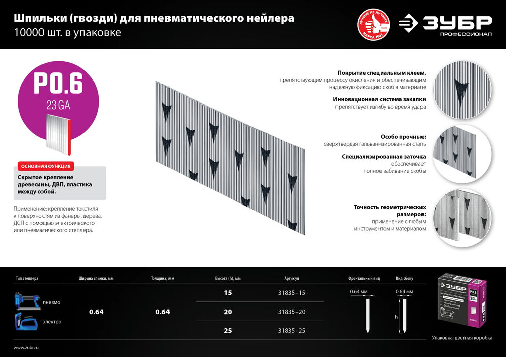 Шпильки для neйлера тип P0.6 25 мм, калибр 23GA, 10 000 шт ЗУБР Профессионал 31835-25