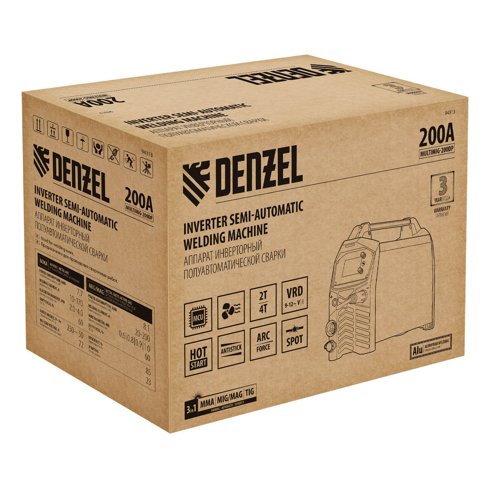 Аппарат инвертор. полуавтомат. сварки MultiMIG-200DP Synergy Double Pulse, 200 А, ПВ 80% Denzel (94313)