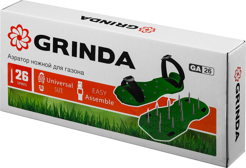 Ножной аэратор GA-26, 26 стальных шипов, длина 50 мм, для газона GRINDA 422111