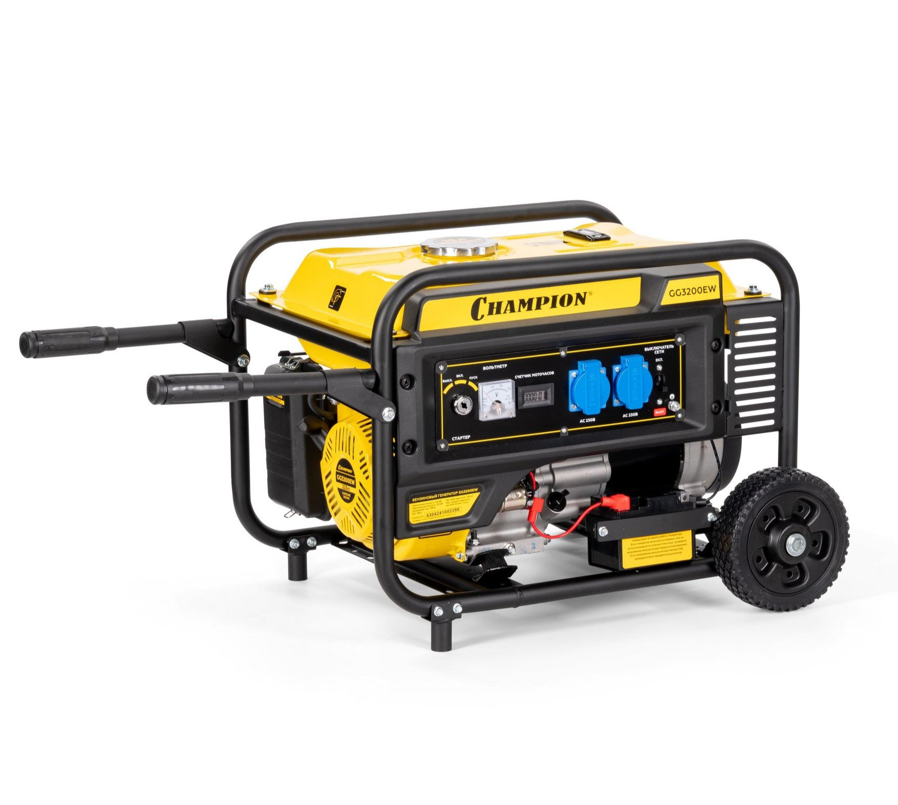 Генератор CHAMPION GG3200EW (3,2/3,5кВт 7,5лс 15л 48кг эл.старт колеса, счетчик) (GG3200EW)