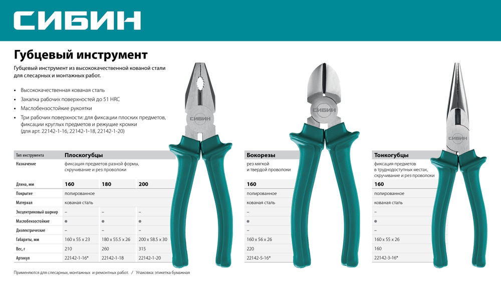 Тонкогубцы 160 мм СИБИН 22142-3-16