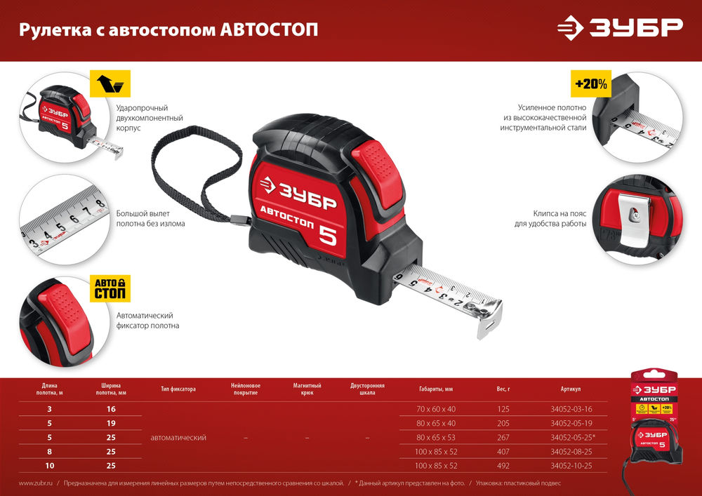 Рулетка 3 м х 16 мм с автостопом ЗУБР Автостоп 34052-03-16