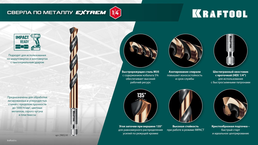 Сверло по металлу для винтовёртов и шуруповертов IMPACT READY НЕХ-1/4, d 5.5 х 98 мм KRAFTOOL 29652-5.5