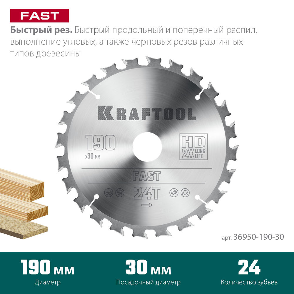 Пильный диск по дереву Fast, 190 х 30 мм, 24Т KRAFTOOL 36950-190-30