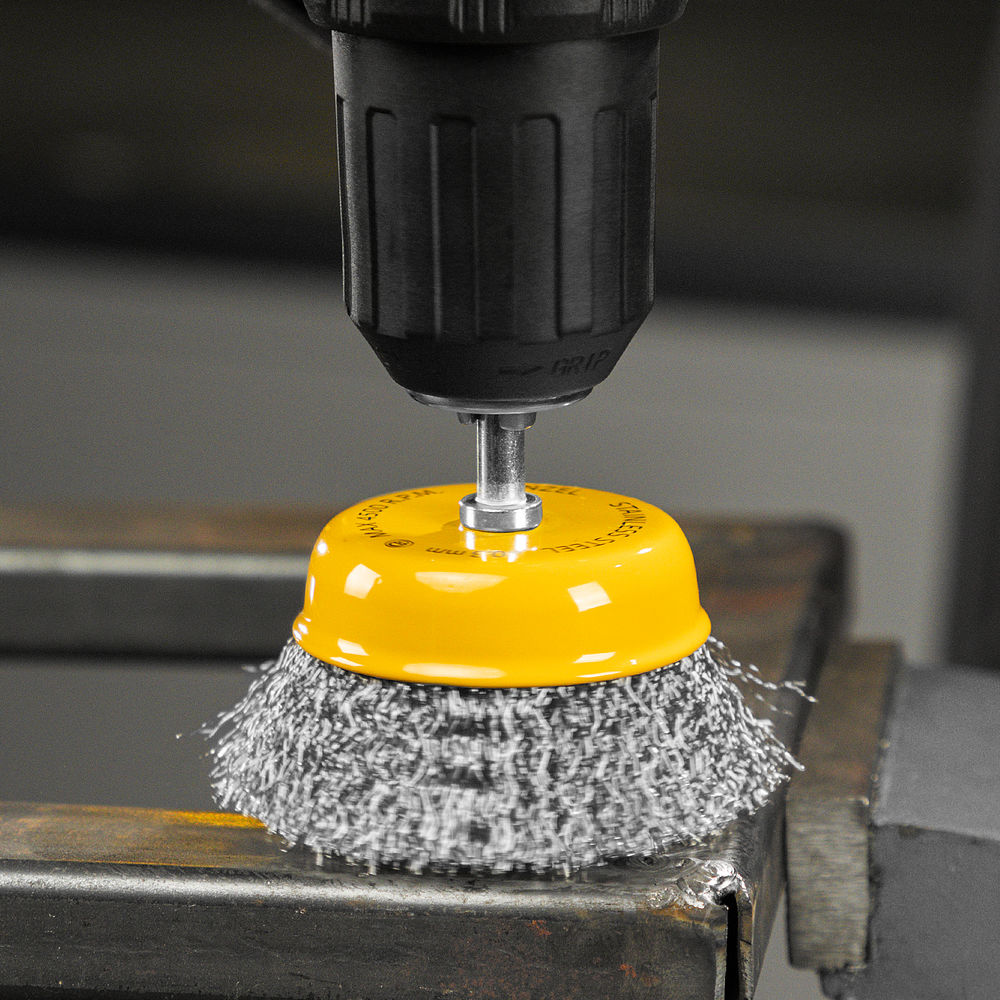 Щетка для дрели, 75 мм, Чашка, со шпилькой, нержавеющая витая проволока Denzel (744773)