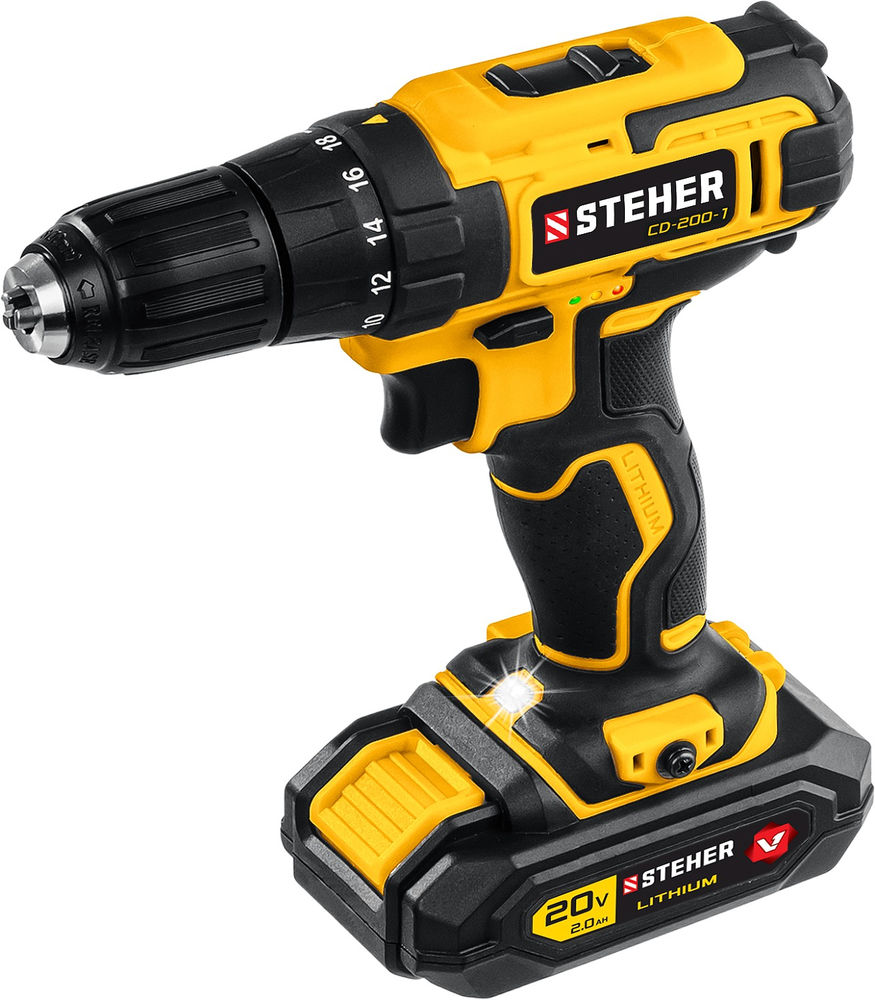 Дрель-шуруповерт 20 В, 40 Н·м, 1 АКБ (2 А·ч), кейс V1 STEHER CD-200-1