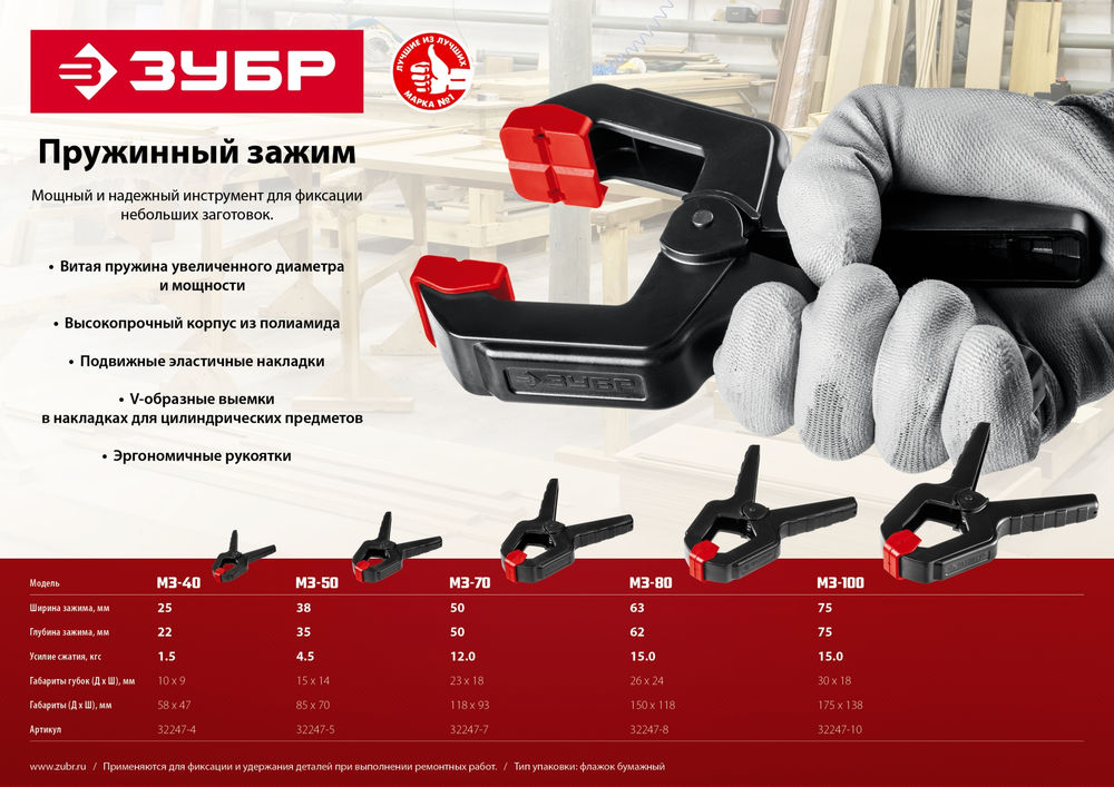 Пружинный зажим МЗ-80, 75 х 75 мм ЗУБР 32247-8