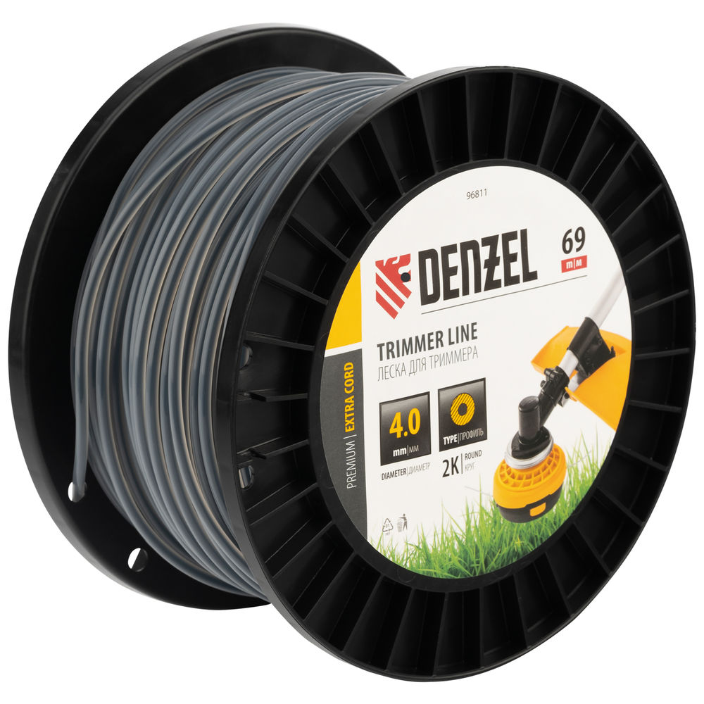 Леска для триммера двухкомпонентная круглая, 4,0мм х 69м, на DIN катушке EXTRA CORD Denzel (96811)