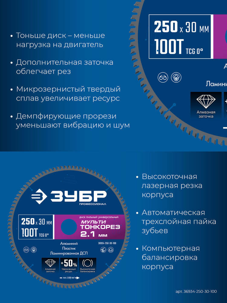 Диск пильный универсальный тонкий рез Мульти Тонкорез 250 х 30 х 2.1 мм, 100Т ЗУБР Профессионал 36934-250-30-100