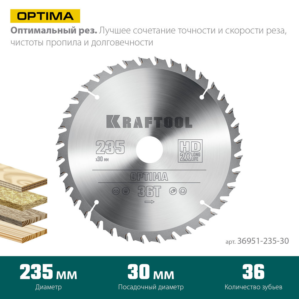 Пильный диск по дереву Optima, 235 х 30 мм, 36Т KRAFTOOL 36951-235-30