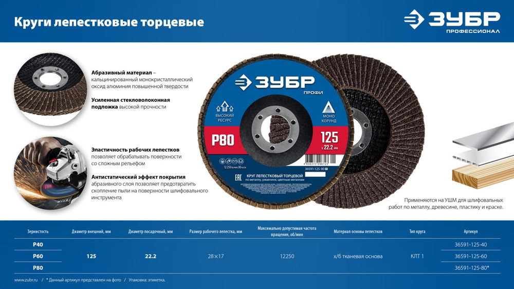 Круг лепестковый торцевой 125?22.2 мм P40 КЛТ ЗУБР 36591-125-40_z01