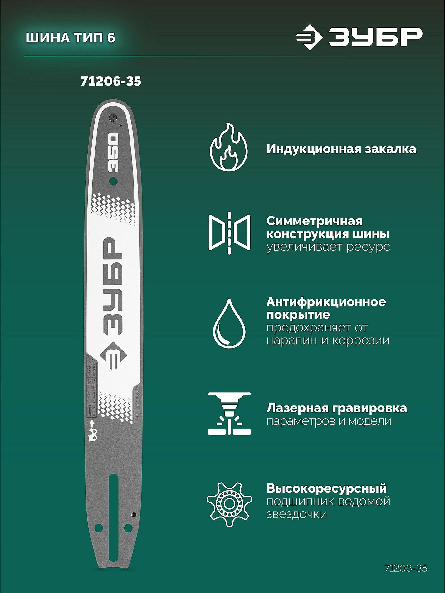 ЗУБР тип 6, 35 см, шаг 3/8?, паз 1.1 мм, 52 звена, шина (71206-35)