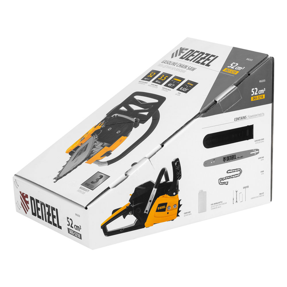 Пила цепная бензиновая DGS-5218, шина 45 см, 52 см3, 3.5 л.с, шаг 0.325, паз 1.5 мм, 72 звена Denzel (95233)