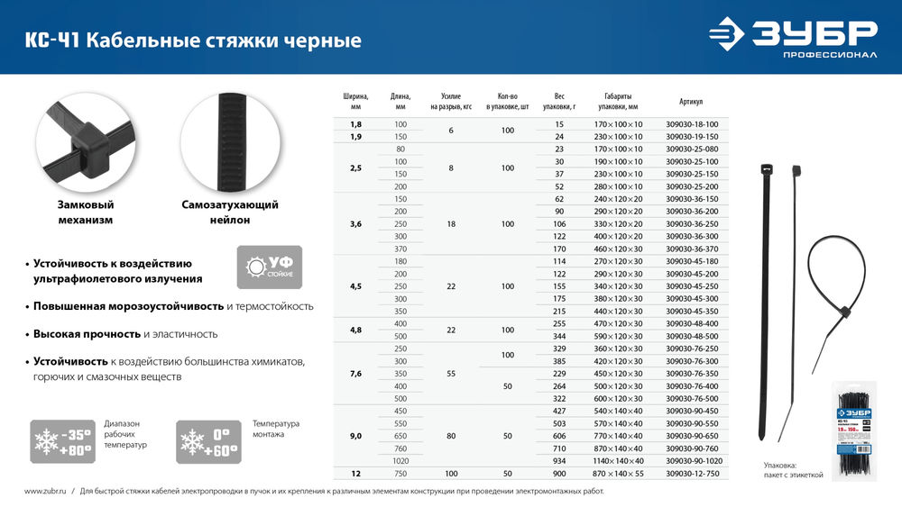 Кабельные стяжки КС-Ч1, 12 x 750 мм, нейлон РА66, 50 шт, черные ЗУБР Профессионал 309030-12-750