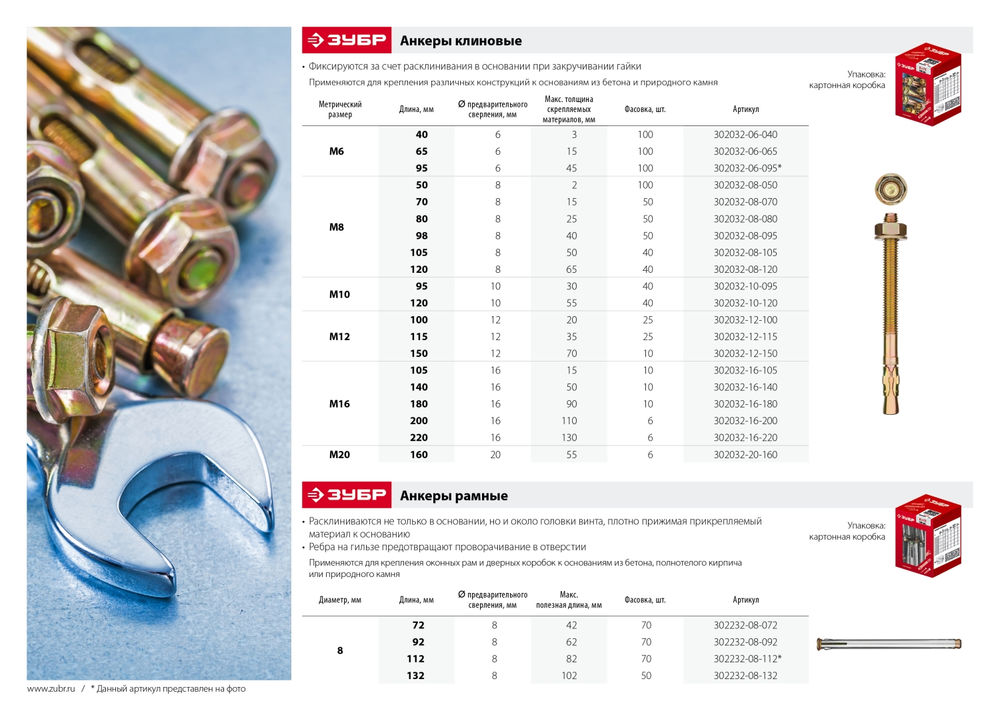 Клиновой анкер М6 х 40 мм, 100 шт ЗУБР 302032-06-040