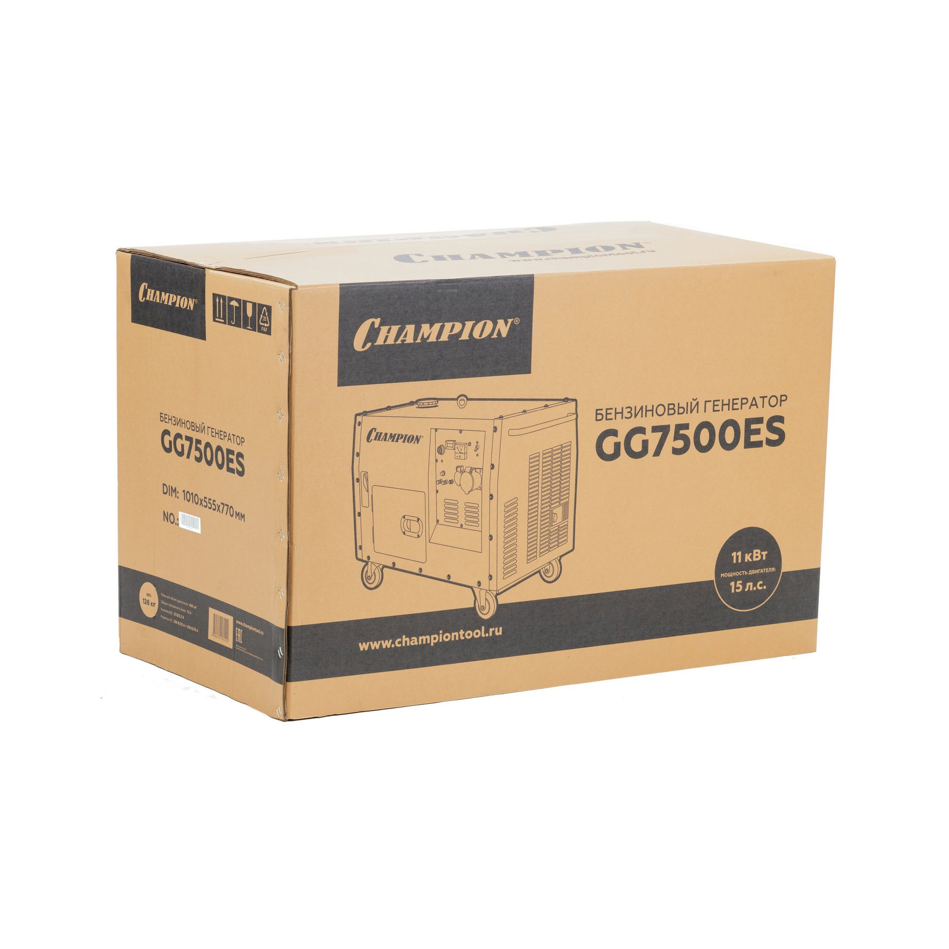 Генератор CHAMPION GG7500ES (PRO 5,5/6кВт 16лс 15л 12В 126кг, эл.стартер,счетчик,колеса,кожух) (GG7500ES)