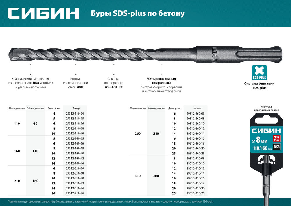 Бур SDS-plus 18 х 310 мм СИБИН 29312-310-18