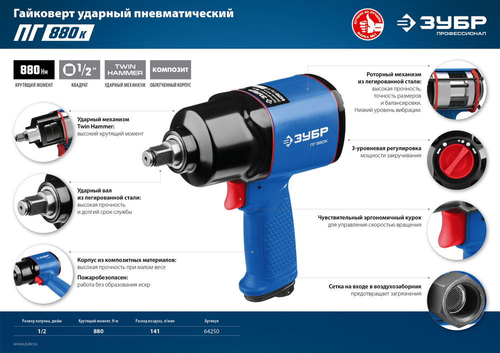 Гайковерт пневматический ударный 1/2 880 Н·м ЗУБР ПГ-880К Профессионал 64250
