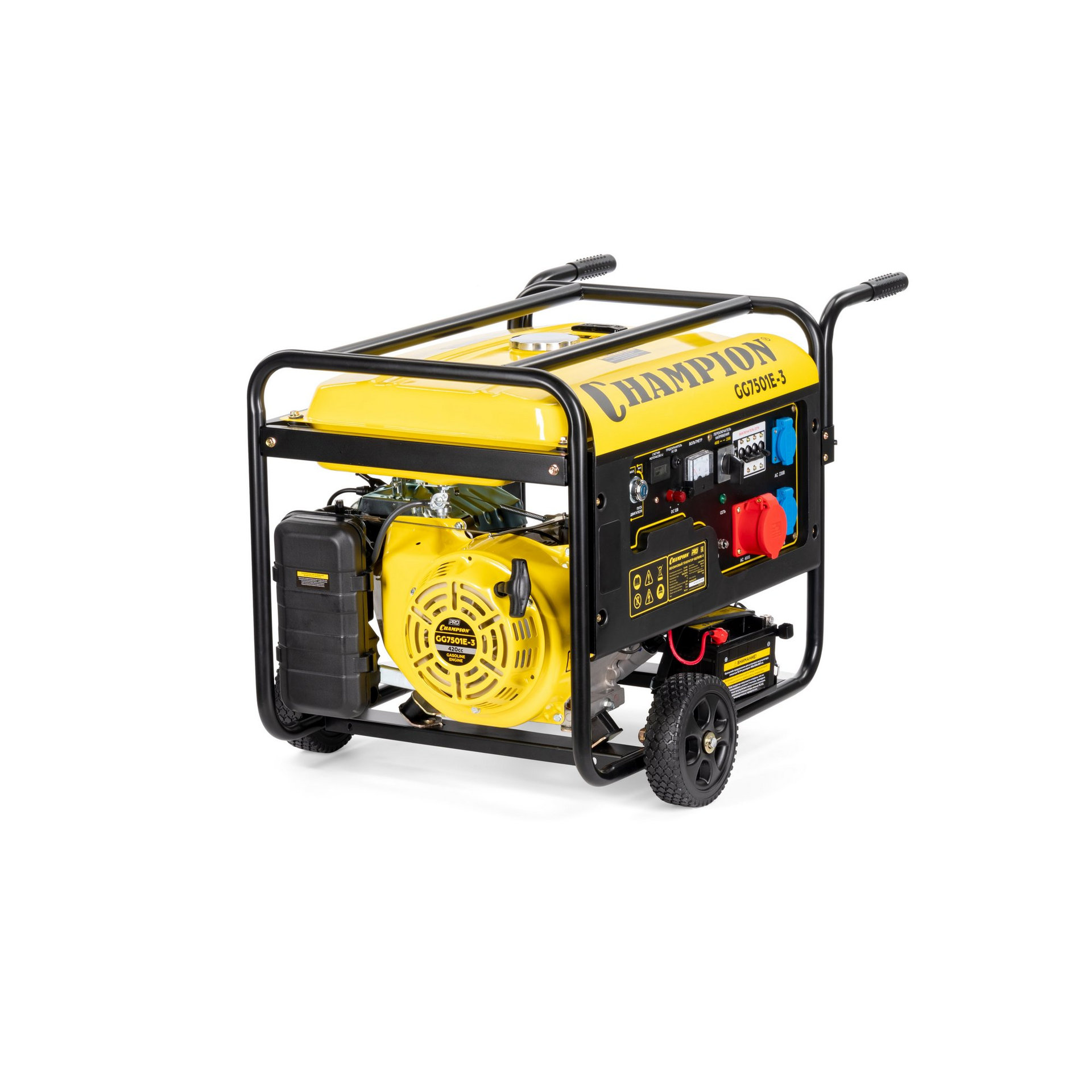 Генератор CHAMPION GG7501E-3 (PRO 400В7,5/8,1кВАcosф=0,8 15лс25л230/12В84,2кг,эл.стартер,счетч.колес (GG7501E-3)