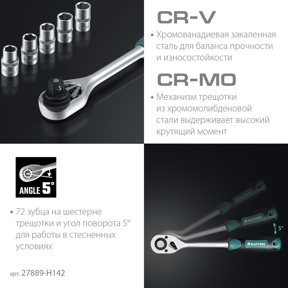 Набор инструмента универсальный 142 предм., (1/2+3/8+1/4) EXTREM-142 KRAFTOOL 27889-H142