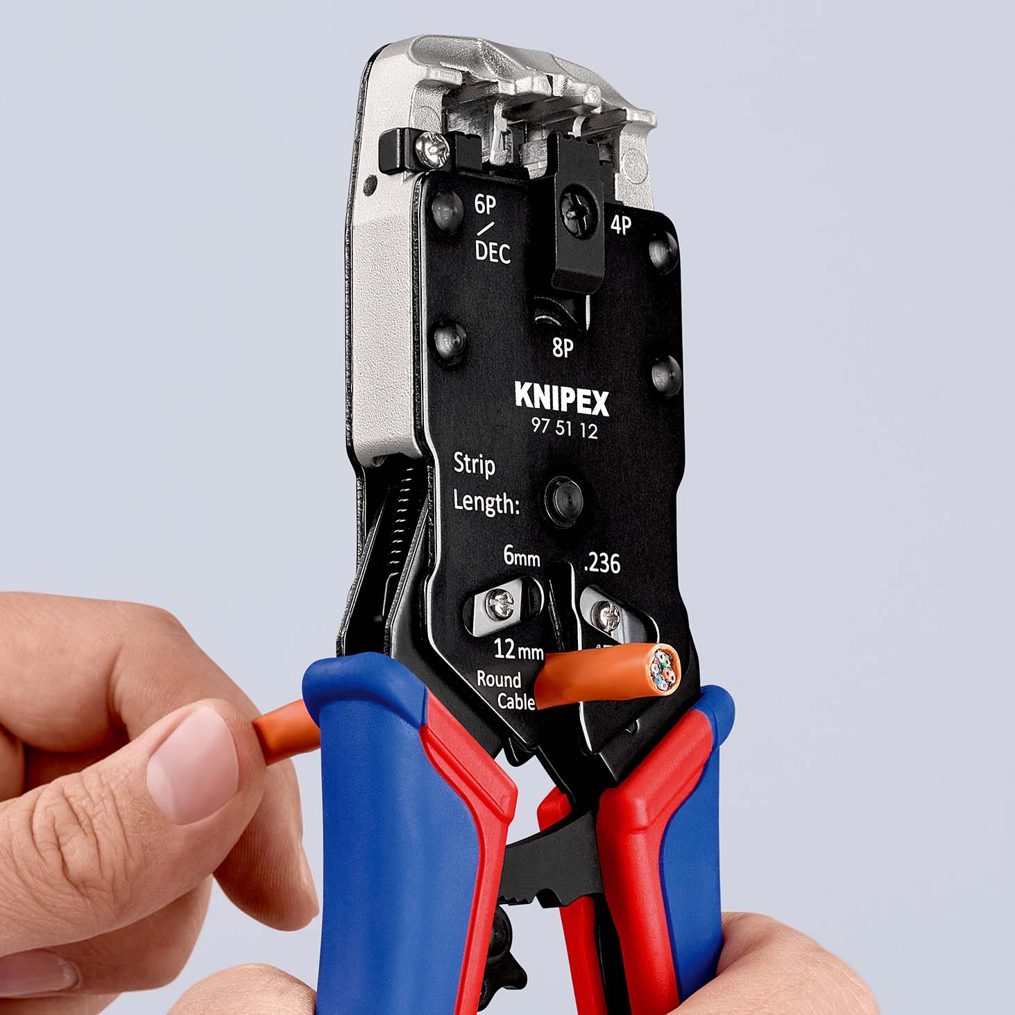Пресс-клещи для штекеров RJ, 3 гнезда, RJ 10 (4-pin), RJ 11/12 (6-pin), RJ 45 (8-pin), 200 мм (KN-975112)