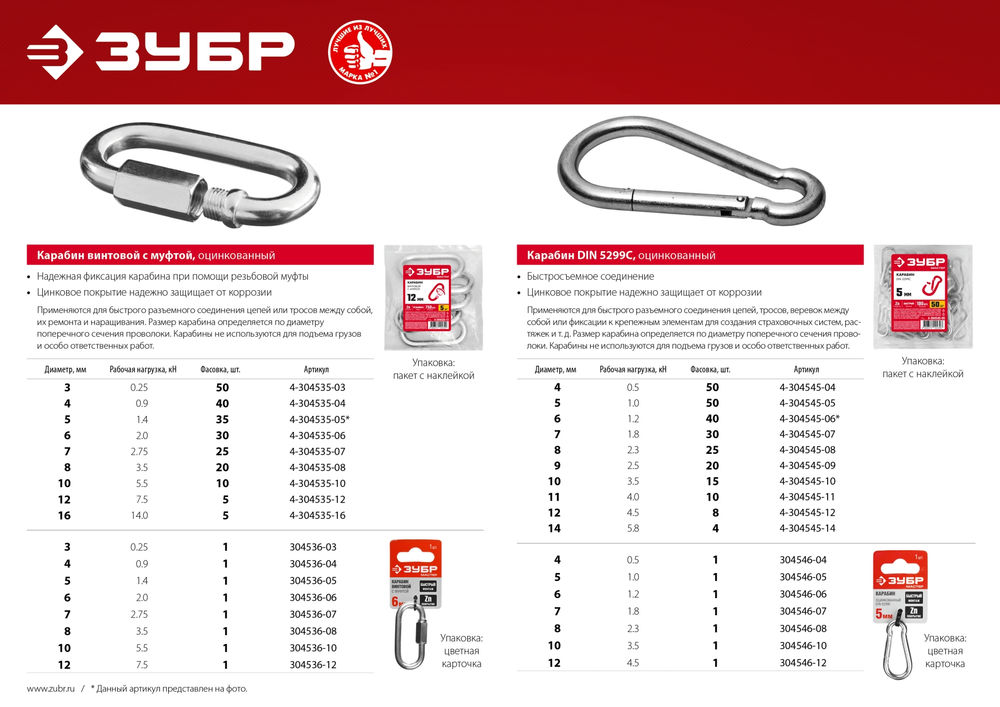 Карабин винтовой с муфтой 8 мм, 20 шт ЗУБР 4-304535-08