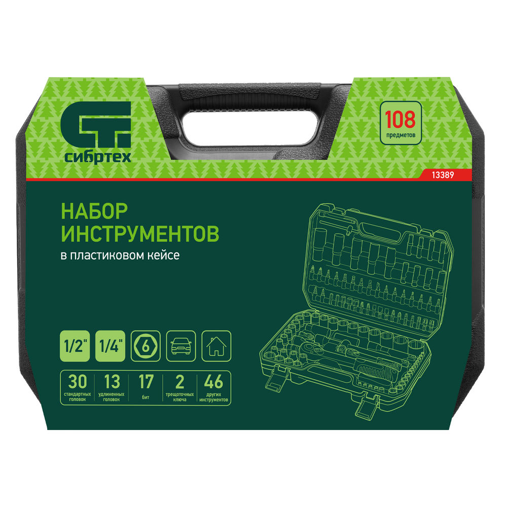 Набор инструментов, 1/2, 1/4, 108 предметов// Сибртех