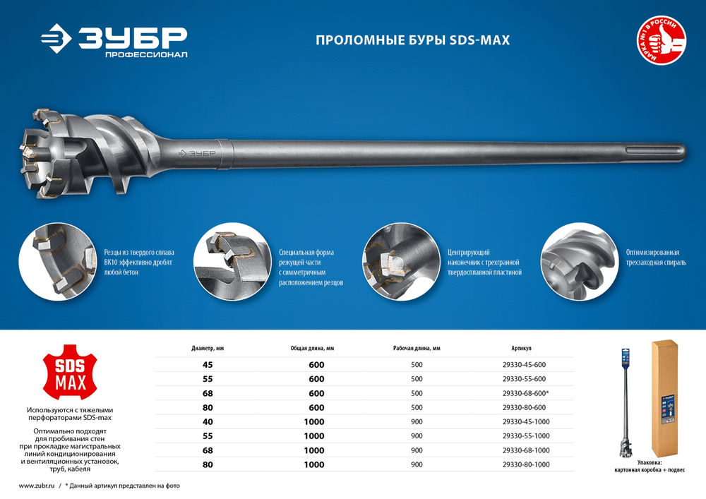 Бур проломной SDS-max 68 х 500/600 мм ЗУБР Профессионал 29330-68-600