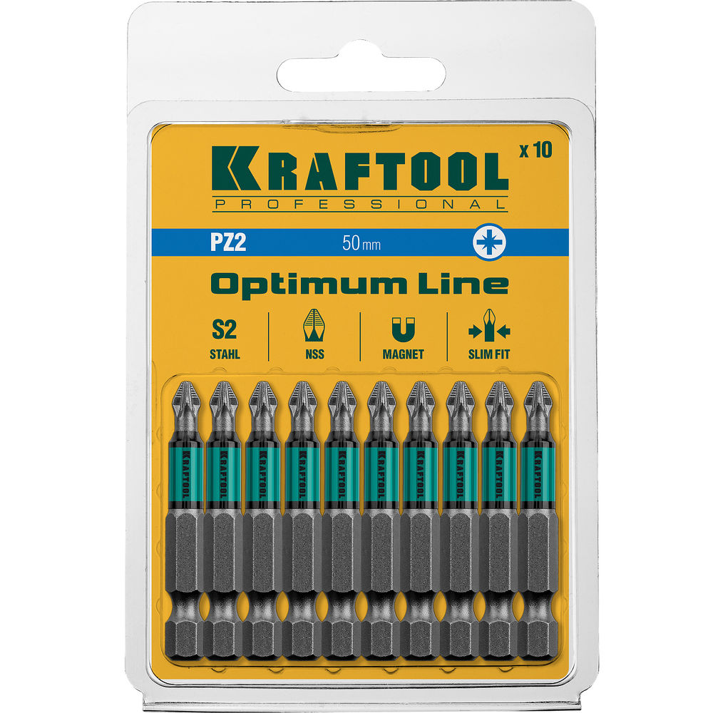 Биты Optimum PZ2, 50 мм, 10 шт KRAFTOOL 26124-2-50-10