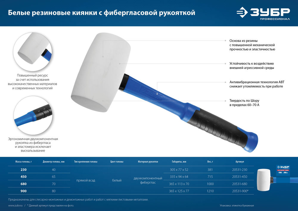 Киянка резиновая 450 г белая Профессионал ЗУБР 20531-450