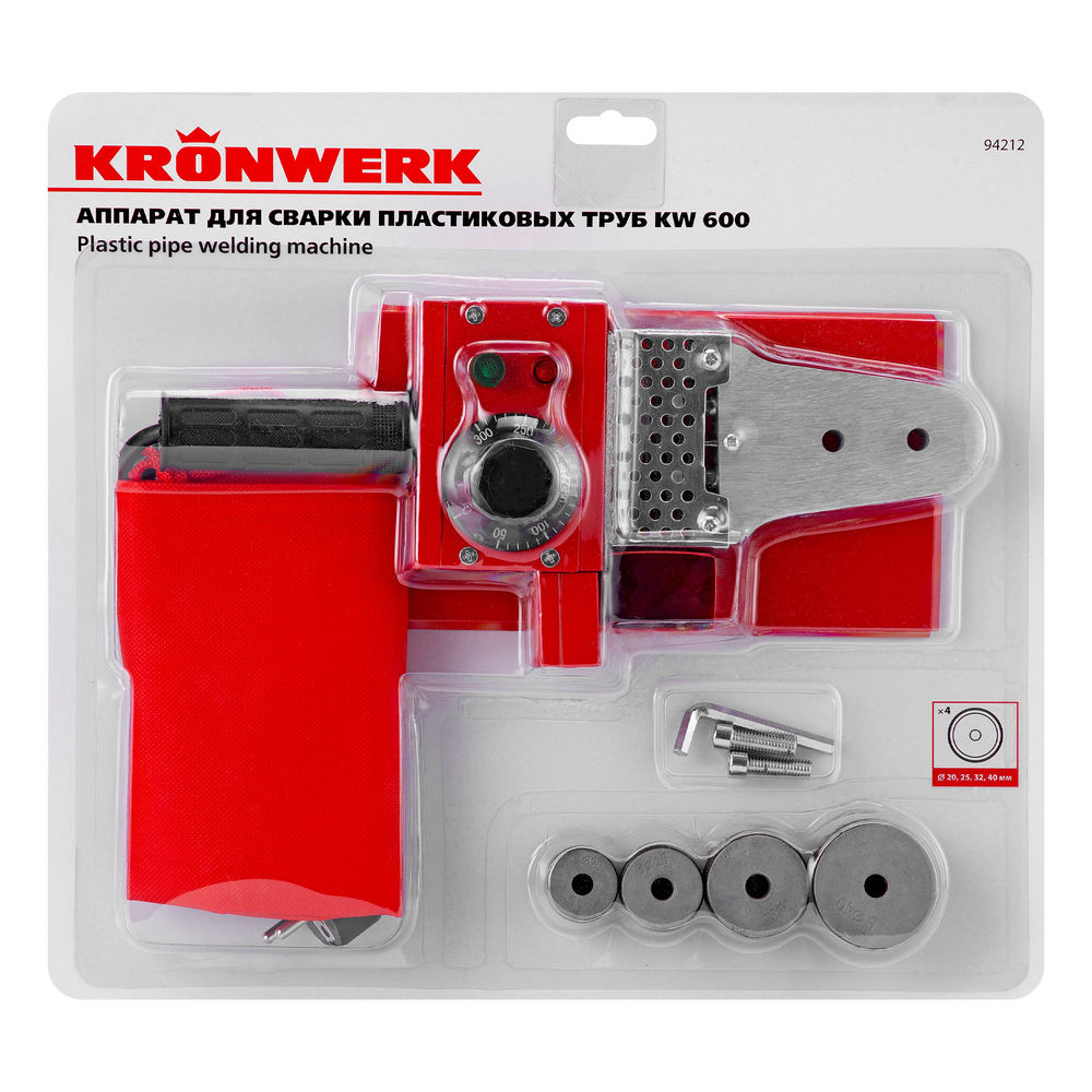 Аппарат для сварки пластиковых труб K W 600, 600 Вт, 300 °C, 20-25-32-40 мм, блистер Kronwerk (94212)
