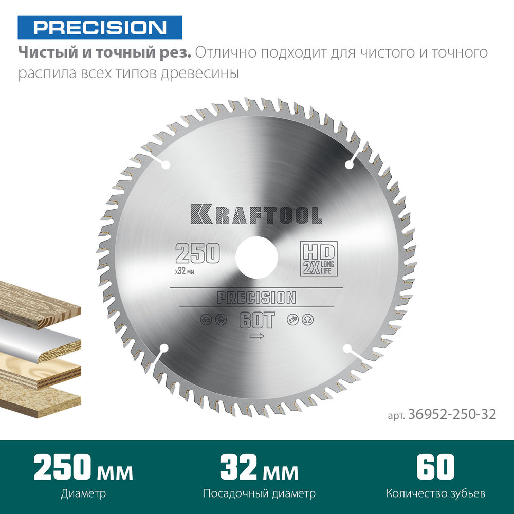 Пильный диск по дереву Precision, 250 х 32 мм, 60Т KRAFTOOL 36952-250-32