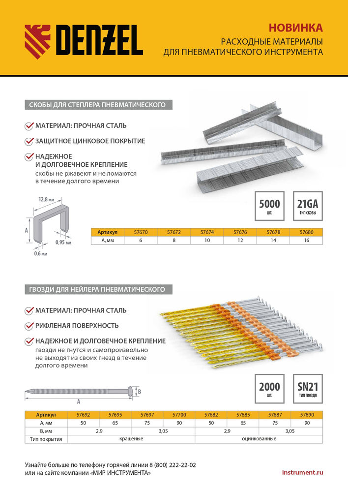 Скобы 21GA для пнев. степл., 12мм, шир. - 0,95мм, тол. - 0,6мм, шир. скобы - 12,8мм, 5000шт Denzel (57676)