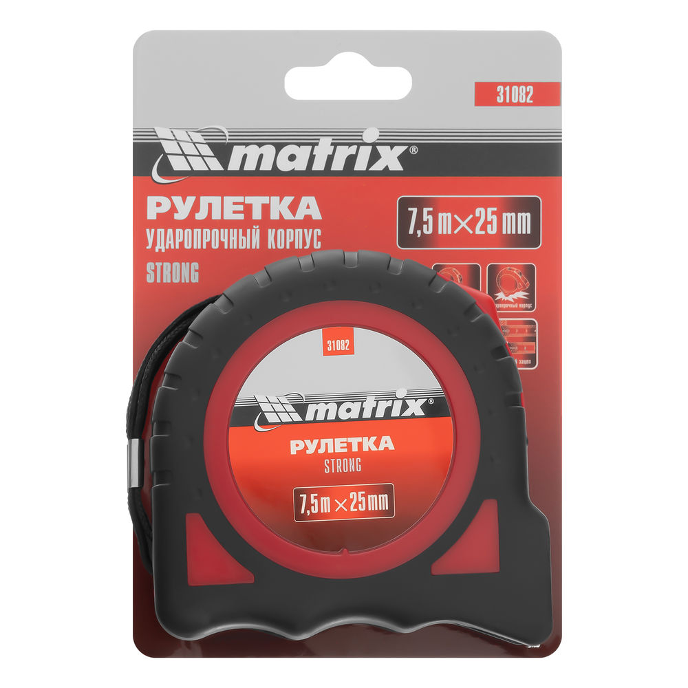 Рулетка Strong,7,5 м х 25 мм,обрезиненный корпус Matrix