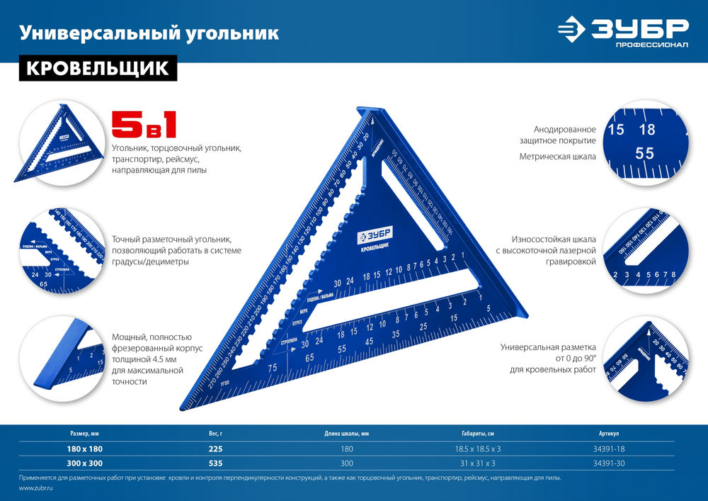 Универсальный кровельный угольник Кровельщик, 300 мм, 5-в-1 ЗУБР Профессионал 34391-30