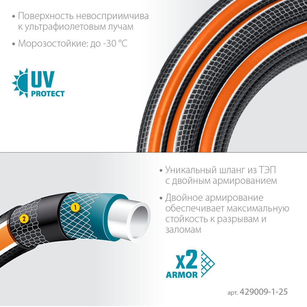 Поливочный шланг ULTRA 6, 1, 25 м, 20 атм, шестислойный, двойное армирование, PROLine GRINDA 429009-1-25
