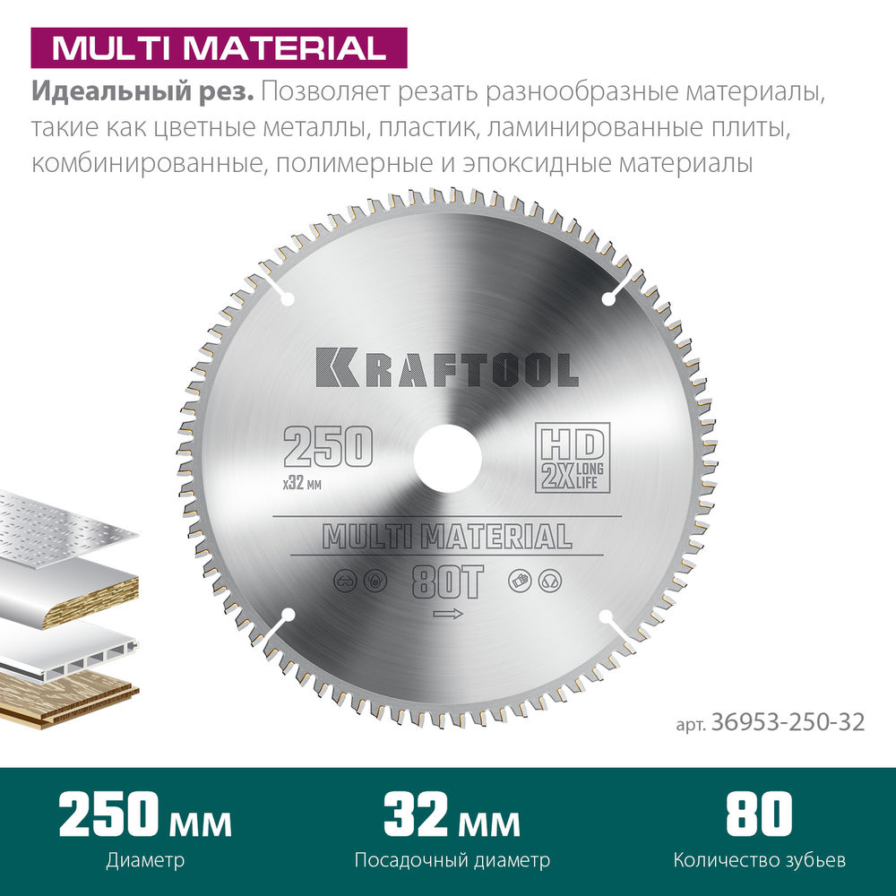 Пильный диск по алюминию Multi Material, 250 х 32 мм, 80Т KRAFTOOL 36953-250-32