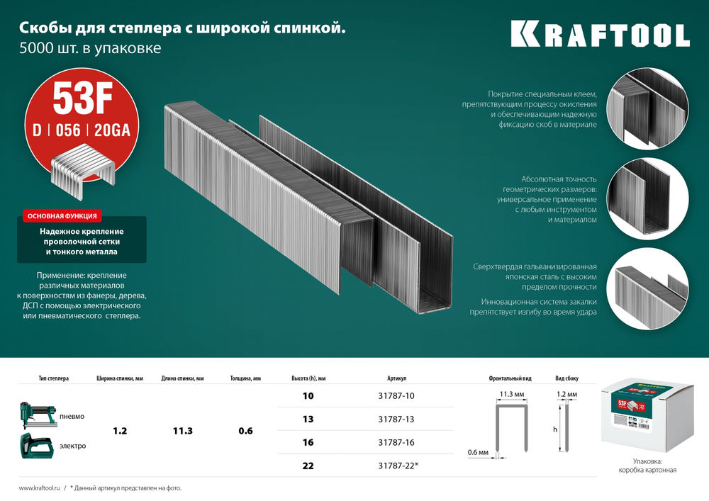 Скобы тип 53F (D/056), 22 мм, калибр 23GA, 5000 шт KRAFTOOL 31787-22