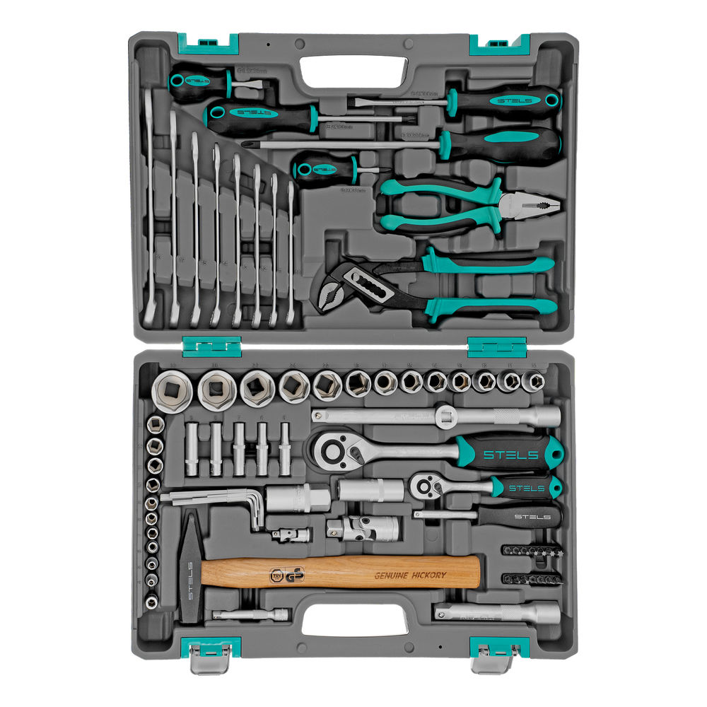 Набор инструментов, 1/2, 1/4, CrV, пластиковый кейс 76 предметов Stels