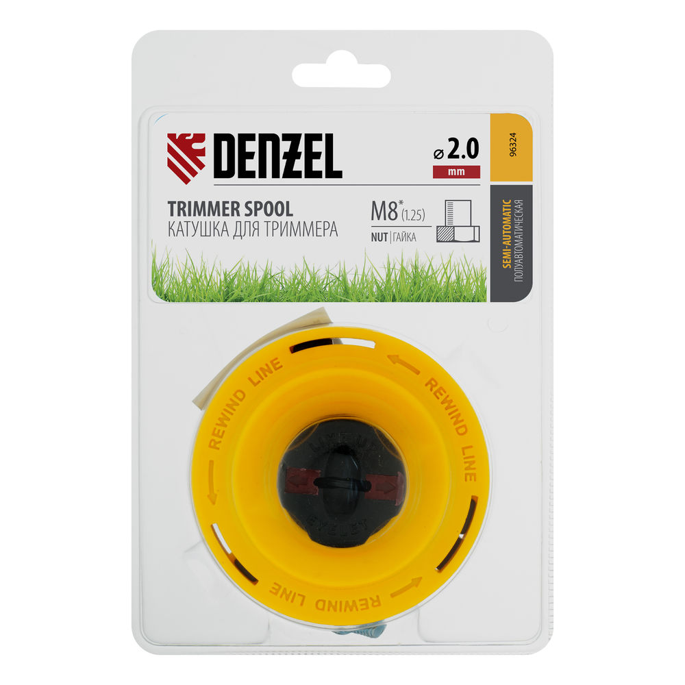 Катушка триммерная полуавтоматическая, легкая заправка лески, гайка M8x1.25, винт M8-M8 Denzel (96324)