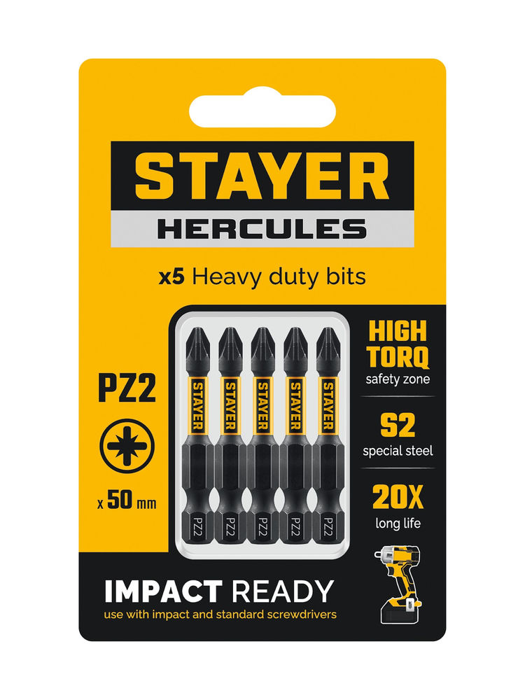 Биты торсионные HERCULES, PZ2, 50 мм, 5 шт STAYER 26233-2-50-5